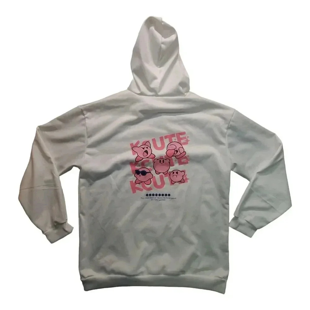 Mens White Kirby Graphic Hoodie Cute Kute Video Game Anime Pullover Sweatshirt